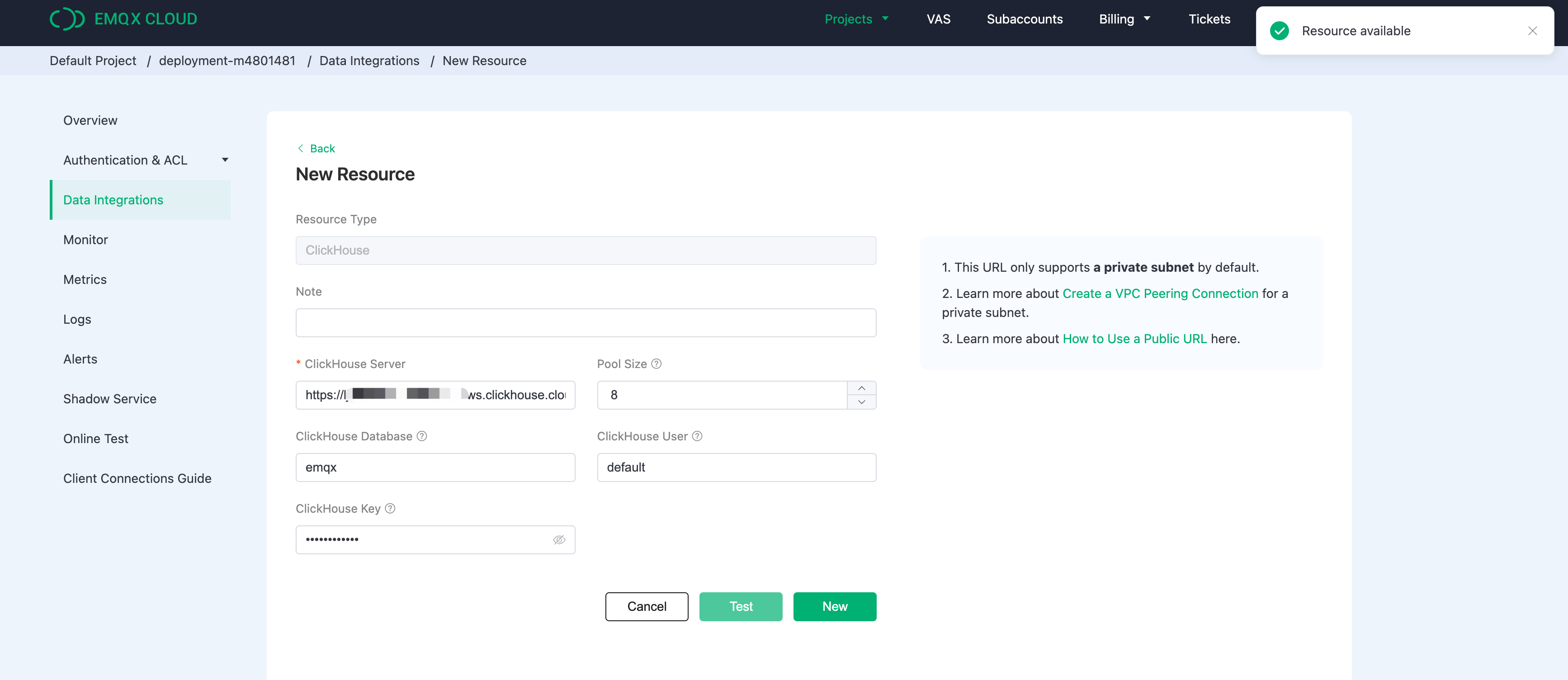 EMQX Cloud ClickHouse Resource Setup