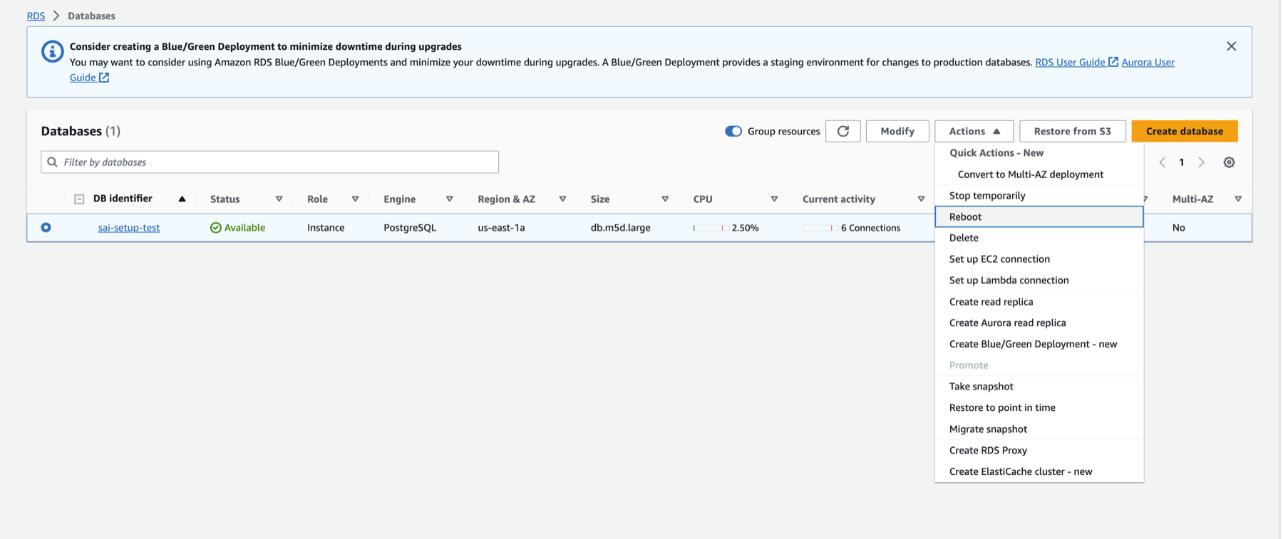 Reboot RDS Postgres