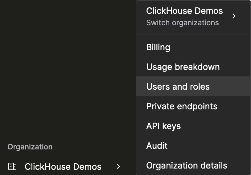 ClickHouse Cloud users and roles page